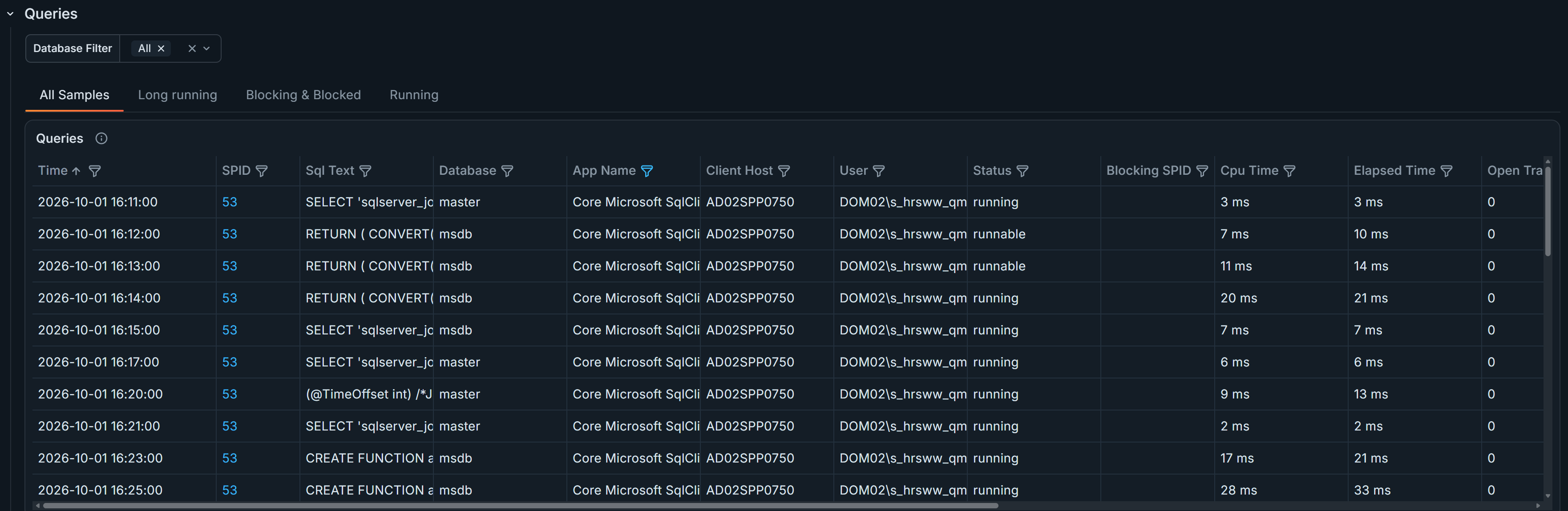 All Samples tab showing query samples collected during the selected time range