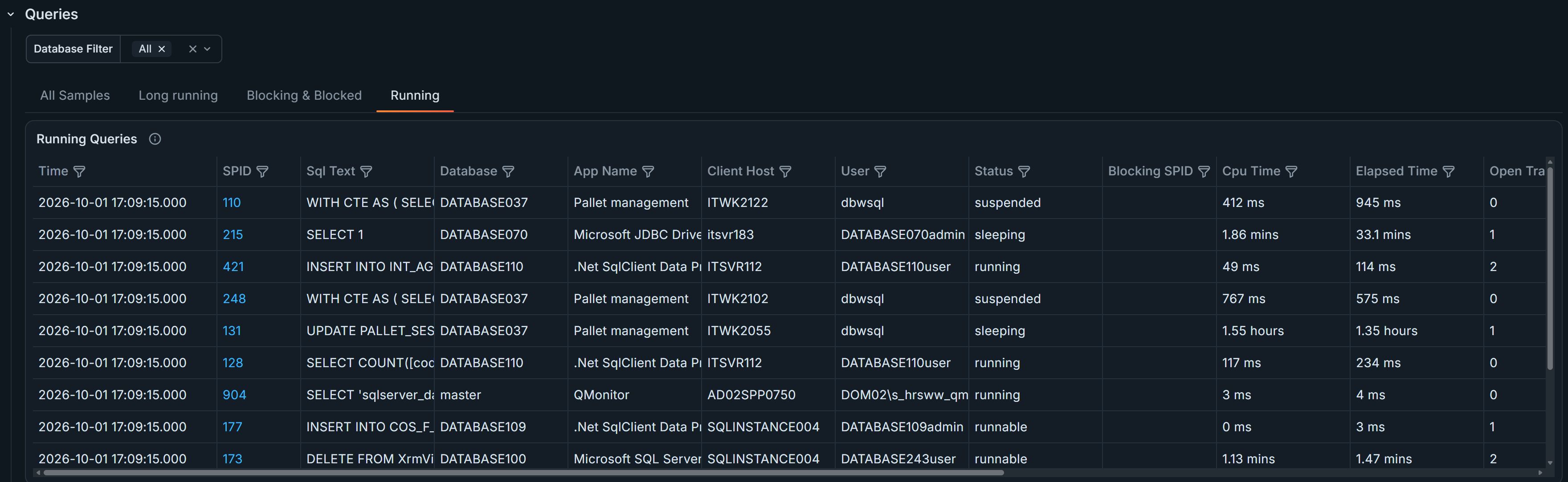 Running tab showing data from the latest query sample